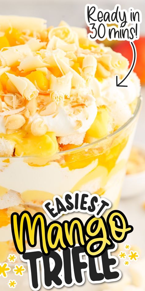 Our mango trifle is the perfect dessert when warmer weather hits. It's full of tropical flavors and vibes from the fresh mango chunks that are layered between soft angel food cake, coconut pudding, and homemade whipped cream. This easy dessert is made with simple ingredients and no baking is required! Mango Trifle Recipes, Mango Trifle, Chocolate Cherry Pie, Easy Trifle, Pineapple Angel Food, Trifle Recipes, Cake Coconut, Cheesecake Trifle, Trifle Dish