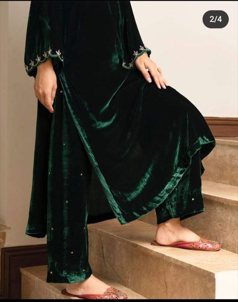 Velvet Kurta Designs, Plain Velvet Suit Design, Velvet Long Shirt, Velvet Dress Green, Palazzo Kurta, Velvet Suit Design, Velvet Kurta, Kurta And Palazzo, Girls Winter Dresses