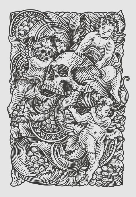 Illustration skull and angel with antique engraving ornament hand drawn - Eps 10 Angel Skull Tattoo, Skull Engraving, Tattoo Hand, Engraving Art, Cityscape Photos, Logo Banners, Heart With Arrow, Background Banner, Coloring Book Pages