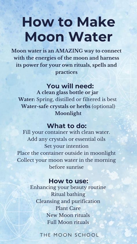 How to Make Moon Water in 2024 💦 What Is Moon Water, Ways To Use Moon Water, How To Make Moon Water Witchcraft, How To Make Full Moon Water, Moon Water Recipes, Make Moon Water, Moon Water Spells, Making Moon Water, New Moon Magic