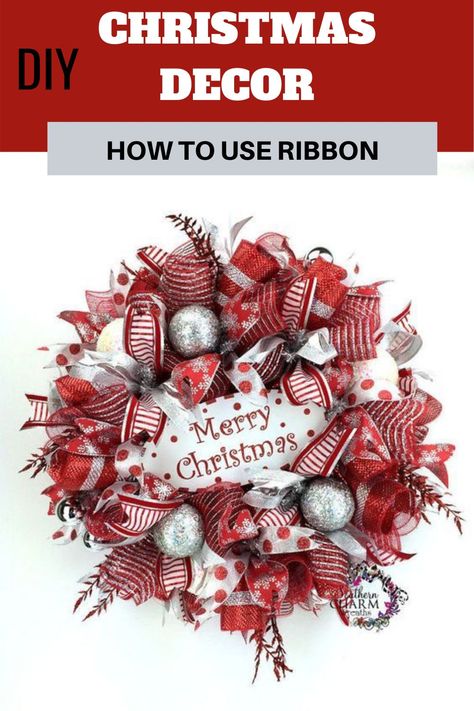 Let's take a look at an easy way to add more ribbon streamers to create a fuller wreath. If you have an old deco mesh Christmas wreath that needs a little TLC, use these tips that Julie, from Southern Charm Wreaths, uses!Merry Christmas Wreath by Wreath Making Business, Christmas Ribbon Wreath, Inexpensive Wreaths, Deco Mesh Christmas Wreath, Ribbon Wreath Diy, Mesh Christmas Wreath, Ribbon Wreath Christmas, Ribbon Streamers, Ribbon Wreaths