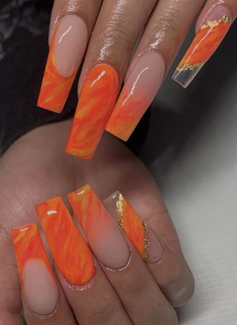 Acrylic Orange Nails, Neon Orange Marble Nails, Long Orange Acrylic Nails, Orange Marble Nails Acrylic, Orange Marble Nails, Trendy Orange Nails, Ambre Nails, Orange Acrylic Nails, Orange Nail Designs