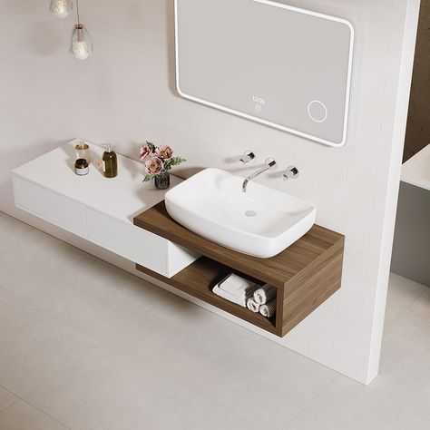 This extendable vanity, featuring an integrated ceramic single sink, is a modern wood addition to any bath space. Each piece has its unique and beautiful texture which makes your powder room or bathroom classic and stunning. Boasting ample wooden surface, it offers a spacious place to stash your morning routine must-haves. Plus, two large drawers make plenty of concealed storage for crisp towels, cleaning supplies, and more. Crafted from high-end ceramic, it allows long-lasting durability, easy Floating Vanity Bathroom, Floating Sink, Wall Mounted Bathroom Cabinets, Small Bathroom Vanities, Mounted Vanity, Small Sink, Floating Bathroom Vanity, Vanity Design, Floating Vanity