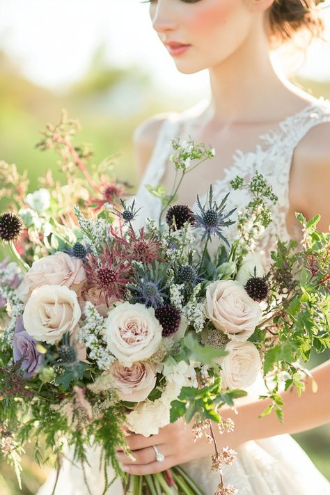 Looking for a unique wedding bouquet? These 45+ thistle-filled bouquets bring bold texture and color to your bridal look. Whether your style is boho, modern, or rustic, thistles make the perfect floral accent. Get inspired by this curated list of stunning designs! Click to explore all the details. #weddingbouquets #thistleflowers #bridalstyle Thistle Eucalyptus Bouquet, Wedding Bouquet With Thistle, Bouquet With Thistle, Bouquet Thistle, Thistle Bouquet, Boho Bouquets, Thistle Wedding, Unique Wedding Bouquet, Eucalyptus Bouquet