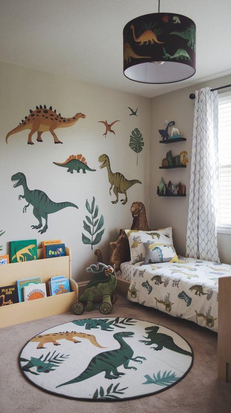 Dinosaur Kids Room Boy Bedrooms, Boys Bedroom Aged 4, 2 Toddler Boys Room Ideas, Toddler Big Boy Room Ideas, Kid Organization Ideas Bedroom, Dinasour Room Toddler, Dinosaur Bedroom Ideas For Boys, Little Boys Dinosaur Bedroom, Dinosaur Room Toddler