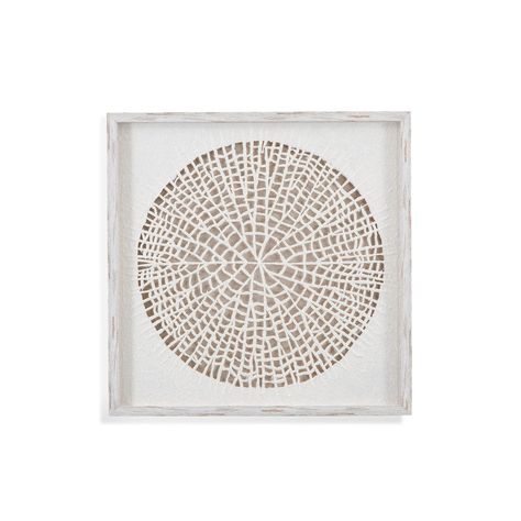 Webb Wall Art is a shadow box accentuated with a light tan silk-like matt and a spiral woven design of white rice paper with a white washed molding. D-ring or sawtooth picture hanging hardware included. Material: MDF, wood, rattan. This piece of art is hand painted by a skilled artist lending itself to a unique technique and will vary slightly. .Product Overview Color: White Dimensions: 24"L x 1"W x 24"H Material: Canvas, Pine Wood Weight: 6.83 lb Whitewash Wood, Art Chair, Spiral Design, Picture Hanging, White Wall Art, Woven Design, Coastal Wall Art, White Rice, Light Tan