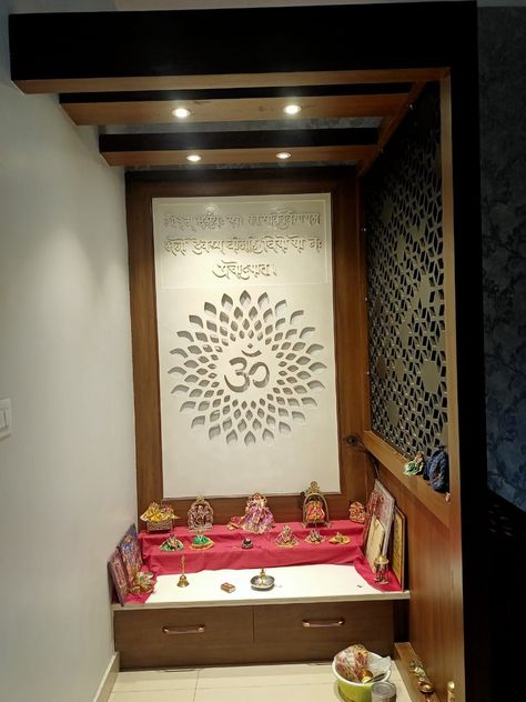 Dev Ghar Design Wooden, Pooja Gadi Ideas, Simple Mandir Design For Home, Pooja Room Partition Design, Simple Mandir Design, Slide Partition, Wooden Temple For Home, Mandir Designs, Pooja Unit