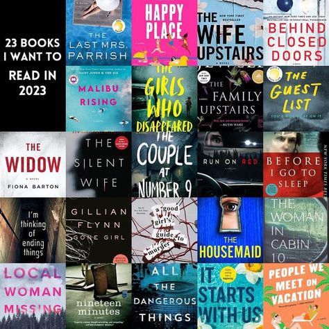 ri | bookstagram on Instagram: "here’s a little list of 23 books i want to read this year! 1. the woman in cabin 10 2. i’m thinking of ending things 3. the people we meet on vacation 4. the widow 5. local woman missing 6. the last mrs. parrish 7. malibu rising 8. the silent wife 9. gone girl 10. nineteen minutes 11. happy place 12. the girls who disappeared 13. the couple at no. 9 14. a good girl’s guide to murder 15. all the dangerous things 16. the wife upstairs 17. the family upstairs The Family Upstairs Book Aesthetic, Local Woman Missing Book Aesthetic, Books For 13 Year Girl, Local Woman Missing Book, All The Dangerous Things, The Wife Upstairs, The Last Mrs Parrish, The Woman In Cabin 10, The Family Upstairs