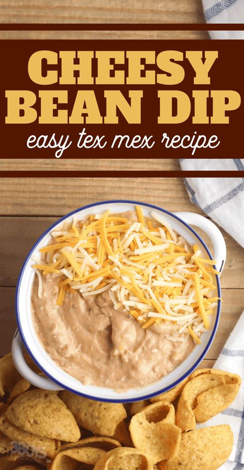 easy bean dip appetizer recipe Bean Dip Appetizer, Cheesy Bean Dip, Easy Bean Dip, Easy Bean Recipes, Refried Bean Dip, Street Corn Dip, Bean Dip Recipe, Refried Bean, Party Food Snacks