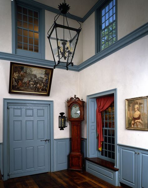 Colonial Interior Paint Colors, Blue Woodwork, Colonial Foyer, 1800 House, Salem Cross Inn, Colonial Doors, Virginia Farmhouse, Colonial House Interior, Farmhouse Colonial