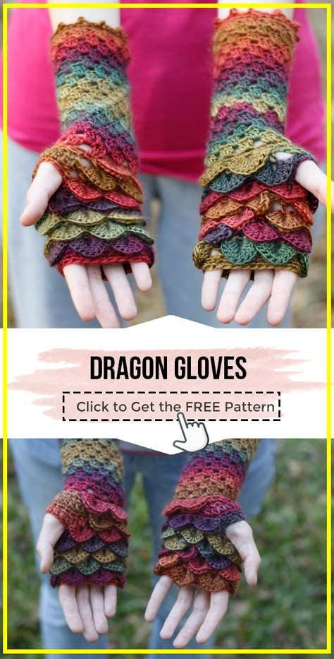 crochet Dragon Gloves free pattern - Easy Crochet Gloves Pattern for Beginners. Click to Get the Pattern via @shareapattern.com Crochet Dragon Fingerless Gloves Pattern, Dragon Gloves Crochet Pattern Free, Dragon Scale Gloves Crochet Pattern Free, Crochet Dragon Gloves, Fingless Gloves Crochet, Crochet Handwarmer Free Pattern, Crochet Fairy Gloves, Crochet Scales Pattern, Crochet Dragon Scarf