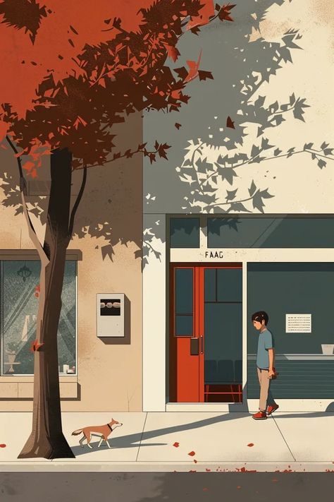 Midjourney AI Image: A minimalistic illustration of on the entrance of a neighborhood coffee shop,in the foreground is a ... → more in ai-img-gen.com Tree Person, Trees With Red Leaves, Minimalistic Illustration, Casting Shadows, Autumn Street, Minimalist Illustration, Red Leaves, Tall Trees, Red Door