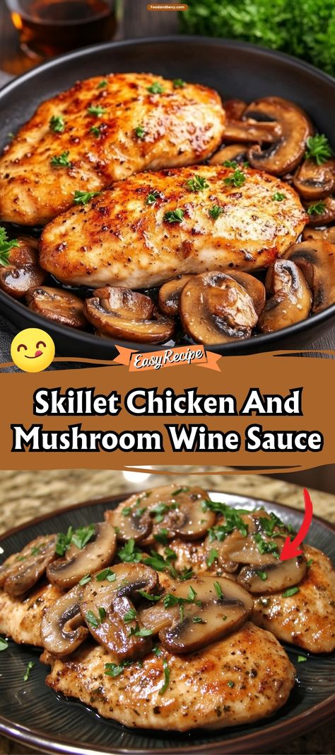 Experience the rich, earthy flavors of Skillet Chicken and Mushroom Wine Sauce. Tender chicken breasts are sautéed with fresh mushrooms and bathed in a luxurious white wine sauce, creating a sophisticated dish that's surprisingly simple to prepare. Serve this indulgent meal over pasta or with a side of steamed vegetables for a complete gourmet experience. #ChickenDinner #WineSauce #SkilletRecipes Garlic Chicken And Mushrooms, Chicken Pinot Noir With Wild Mushrooms And Fresh Basil, Braised Chicken And Mushrooms, Chicken And White Wine Sauce, White Wine Mushroom Chicken, Chicken Wine Sauce, White Wine Chicken Recipes, Sautéed Chicken Breast, Mushroom Chicken Recipes