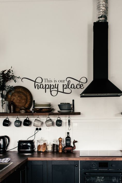 A happy home decor wall decal sticker quote that adds a little spice to any kitchen decoration #kitchen #kitchendecor #kitchenideas Farm Cabinets, Kitchen Phrases Quotes, Chalkboard Sayings For Kitchen, Kitchen Decals Quotes, Pantry Decals Vinyl Lettering, Above Kitchen Cabinets Ideas, Vinyl Wall Decals Kitchen, Decorating Above Kitchen Cabinets Ideas, Farmhouse Kitchen Word Art