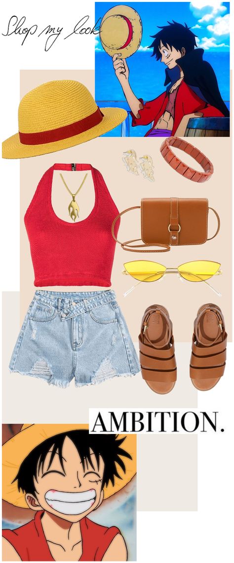 One Piece Summer Outfits, One Piece Clothes Outfits, One Piece Anime Outfit Ideas, Outfit Ideas One Piece, Luffy Outfit One Piece, Anime Theme Outfit, Manga Outfits Ideas, Summer Cosplay Ideas, One Peace Outfit