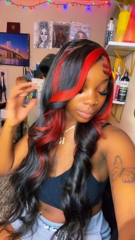 Trendy Hairstyles For Short Hair, Birthday Hairstyles, Red Highlights, Wigs Hair, Dope Hairstyles, Hair Ponytail Styles, Black Wig, Boost Your Confidence, Front Lace Wigs Human Hair