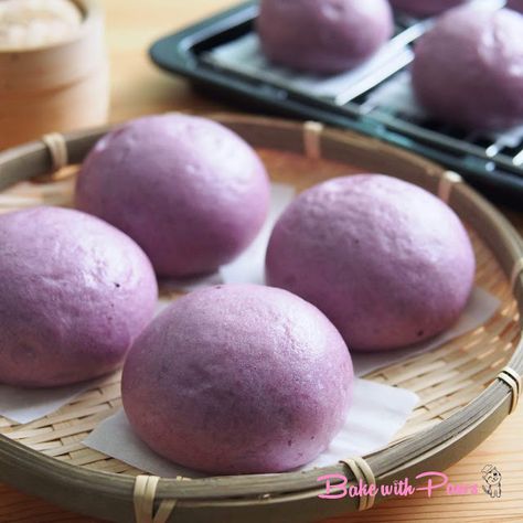 Sweet Potato Steamed Buns, Steam Buns Cute, Sweet Steamed Buns, Cute Steamed Buns, Potato Buns Recipe, Purple Sweet Potato Recipes, Potato Bun Recipe, Steamed Buns Recipe, Steamed Recipes