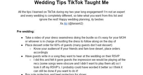 Wedding Tips TikTok Taught Me by @taraarii2 - Google Docs Wedding Tiktok, Tiktok Wedding, Tips Tiktok, Long Engagement, Wedding Advice, Happy Wedding, Google Docs, Wedding Planning Tips, Just Married