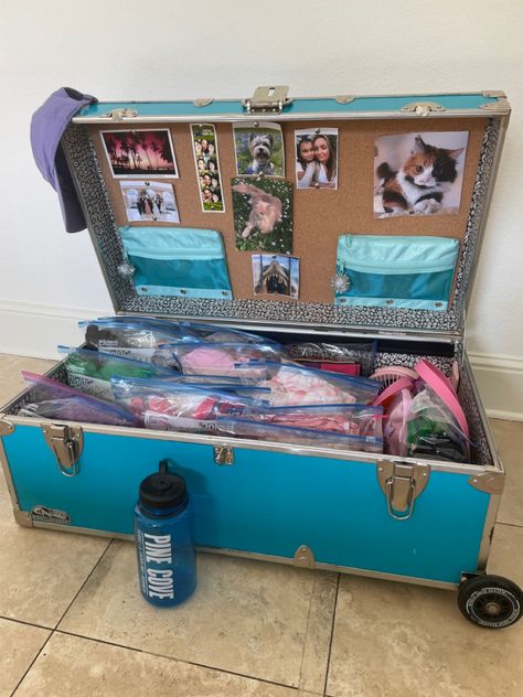 Pine Cove Trunk Ideas, Summer Camp Trunk Decorating Ideas, Camp Trunk Organization, Camp Trunk Decorating Ideas, Summer Camp Trunk, Pine Cove Camp, Traveling Trunk, Summer Camp Packing List, Summer Camp Packing