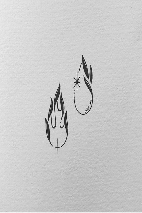 Mismatch Tattoo Ideas, Water And Fire Sign Tattoo Matching, Line Art Matching Tattoos, Water And Fire Matching Tattoo, Cute Fire Tattoo, Twinning Tattoos For Best Friends, Twin Flame Tattoo Ideas Best Friends, Minimal Tattoo Couple, Matching Cousin Tattoos Meaningful