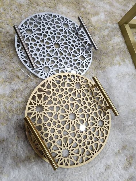 "Please read full description Beautiful Islamic Pattern Wooden Sweets Tray With Acrylic Top.  The perfect addition to your home and a must for your guests.  Available in Gold or Silver. Made using high quality Baltic Birch and Clear Acrylic (1/8\" acrylic)  Handles are made with real metal. Rubberized feet on the bottom of the tray keeps all surfaces scratch free. SIZE: The tray measures 11\" in diameter and is .5\" thick.  Order this amazing piece today! This item is completely hand made.  We a Sweets Tray, Dried Fruit Snacks, Wooden Welcome Signs, Ramadan Crafts, Gift Card Boxes, Laser Art, Ramadan Gifts, Ramadan Decorations, Decorative Trays