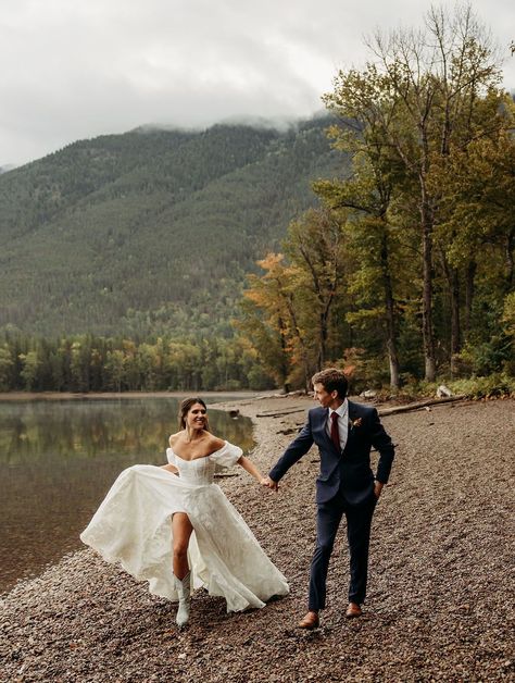 Mountain Elopement Wedding Dresses, Mountain Lake Wedding Photos, Boho Mountain Elopement, Glacier Wedding Montana, Lake Mcdonald Montana Wedding, North Georgia Elopement, Montana Wedding Photography, Montana Mountain Wedding, Wedding Dresses Mountain Wedding