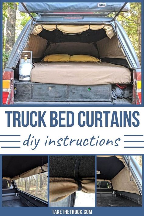 How To Make Roll-Up Camper Shell Curtains | Take The Truck Diy Suv Camper, Truck Bed Camping Diy, Camper Shell Camping, Diy Camper Shell, Diy Truck Camper, Truck Bed Trailer, Truck Shells, Camper Curtains, Truck Camper Shells