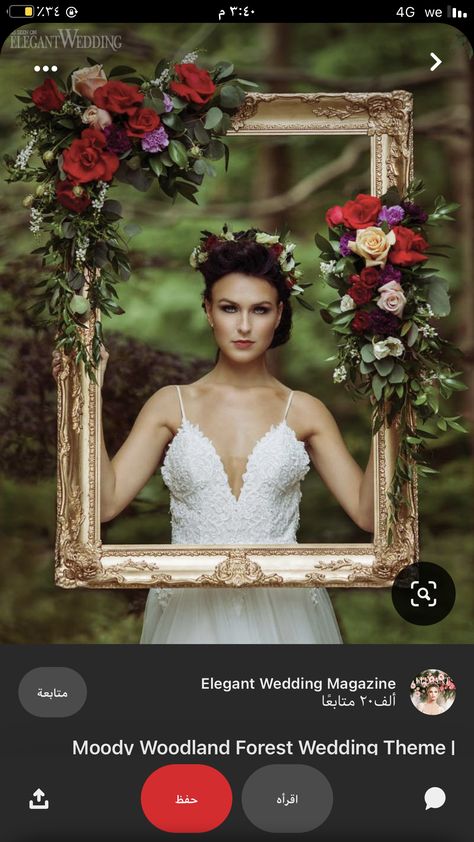 Gold Frame With Flowers, Portrait Props Ideas, Photoshoot With Picture Frame, Floral Frame Photoshoot, Woodland Photoshoot Ideas, Flower Frame Photoshoot, Enchanted Forest Theme Photoshoot, Gold Frame Photoshoot, Photo Area Ideas