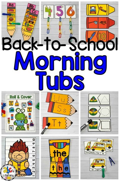 These Back-to-School Morning Tubs are fun activities to learn and review literacy and math concepts and get students ready for a productive day of learning. Morning Centers, Back To School Morning, Kindergarten Morning Work, Morning Tubs, School Morning, Busy Boxes, Kindergarten Fun, Kindergarten Centers, Beginning Of School