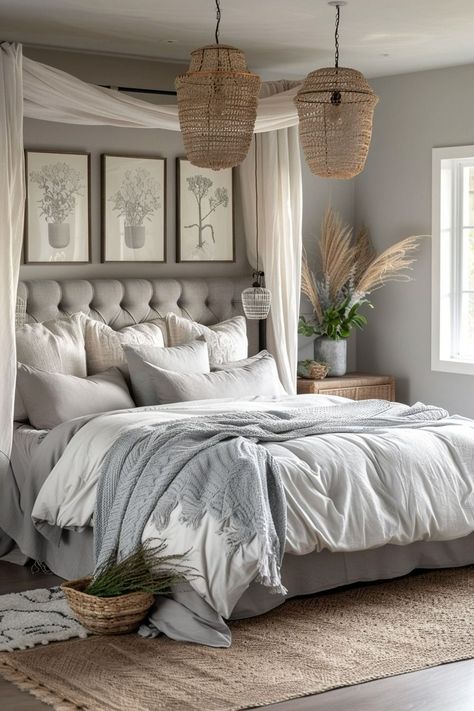 Modern Cozy Bedroom Neutral Grey, Grey Boho Bedroom, Cream And Grey Bedroom, Grey Headboard Bedroom, Boho Bedroom Decor Ideas, Charleston House, Gray Bedroom Walls, Gray Decor, Grey Boho