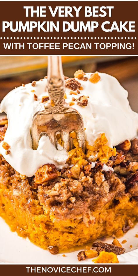 Nothing says fall better than pumpkin! This is my favorite recipe for an easy Pumpkin Dump Cake using a boxed mix that has a cakey, decadent texture and a crunchy pecan-toffee topping. New Neighbor Cake, Pumpkin Toffee Crunch Cake, Pumpkin Butter Pecan Cake, Better Than Anything Pumpkin Cake, Pumpkin Spice Crumb Cake 12 Tomatoes, Fall Dump Cake Recipes, Pumpkin Magic Bars, Easy Pumpkin Dump Cake, Pecan Toffee