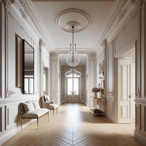 There should be a few modern touches such as sleek furniture pieces and contemporary light fixtures. The hallway should inspire a sense of classic elegance with minimalist leanings, ideal for a remodel project. The floor should be wooden, in a shade of oak. Include a large mirror at one end of the hallway, reflecting the room's length to present a sense of depth and grandeur. French Hallway Ideas, French Hallway, Luxurious Hallway, Classic Hallway, Hallway Decorating Ideas, Art Deco Hallway, Hallway Design Ideas, Hallway Inspiration, Hallway Design