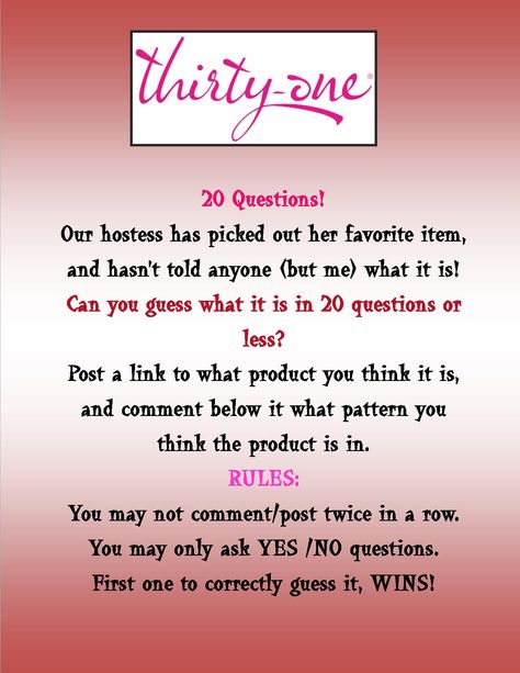 Thirty-One 20 Questions                                                                                                                                                      More Thirty One Games, Twenty Questions, Thirty One Uses, 31 Party, Thirty One Fall, Thirty One Party, Thirty One Business, Thirty One Consultant, 31 Bags