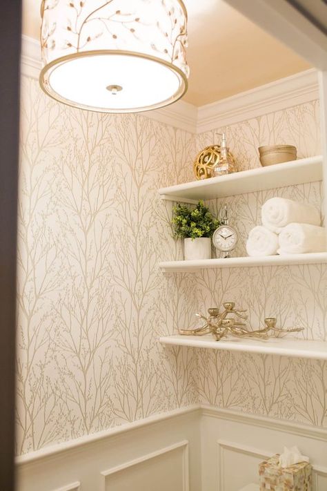 Powder Room semi-flush ceiling light Wainscoting With Wallpaper, Wainscoting And Wallpaper, Wallpaper Bathrooms, Types Of Trim, Wainscoting Wallpaper, Frame Wainscoting, Wallpaper And Trim, Picture Frame Wainscoting, White Mosaic Tile