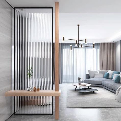 Scandinavian Room Divider, Entryway Divider Ideas, Glass Partition Designs Office, Divider Screen Ideas, Sliding Partition Wall, Foyer Partition, Glass Wall Divider, Partition Wall Living Room, Partition Design Living Rooms