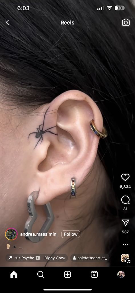 Small Spider Tattoo Behind Ear, Side Eye Tattoo, Simple Side Neck Tattoos For Women, Spider Tattoo Meaning, Spider Ear Tattoo, Tats Behind Ear, Under Ear Tattoos Women, Feminine Spider Tattoo, Simple Neck Tattoos For Women