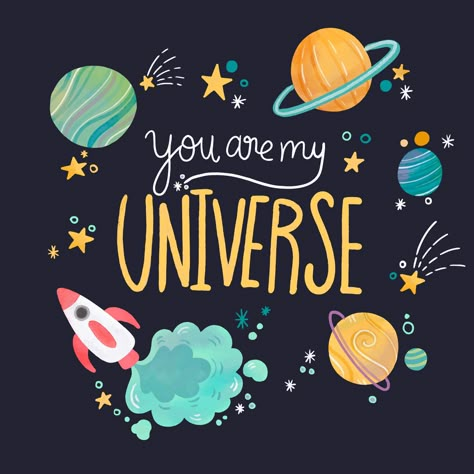 Download Cute Universe With Planets And Lettering With Quote Vector Art. Choose from over a million free vectors, clipart graphics, vector art images, design templates, and illustrations created by artists worldwide! Cute Planets, Universe Illustration, Illustration Space, Planet Poster, Two The Moon, Space Theme Party, Desain Editorial, Space Birthday Party, Space Birthday