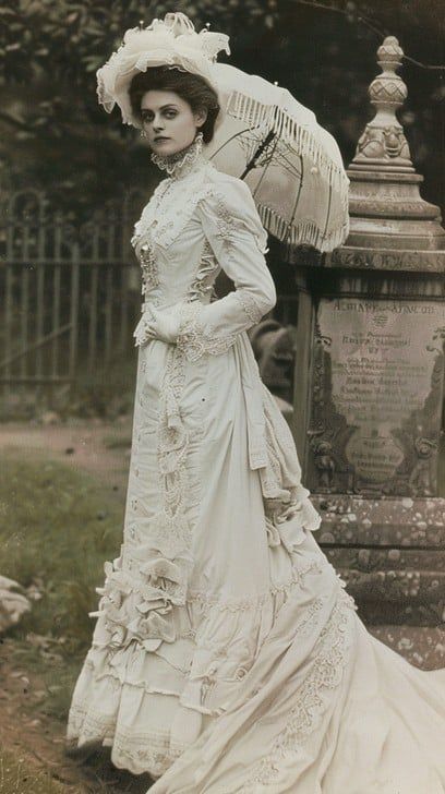 A poised woman dressed in a sophisticated vintage gown poses gracefully in a timeless photograph. Victorian Era Royalty, 1900-1920 Fashion, Victorian Era Fashion Woman, Late 19th Century Aesthetic, Standing Woman Reference, Poised Woman, Neoclassical Fashion, Late 1800s Fashion, Vintage Victorian Aesthetic