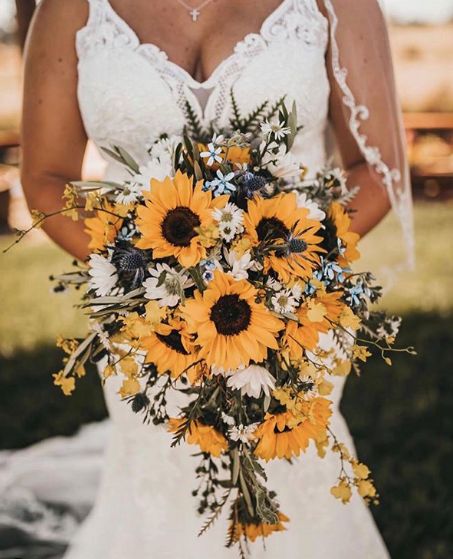 Fall Sunflower Weddings Navy, Sunflower And Burlap Wedding, Sunflower Brides Bouquet, Sunflower Wedding Theme Color Schemes Bridesmaid Dresses, Sunflowers And Pumpkins Wedding, Sunflower Wedding Bouquet Rustic Fall, Sunflowers And Daisies Wedding, Flowers That Go With Sunflowers, Wedding Dresses Sunflower