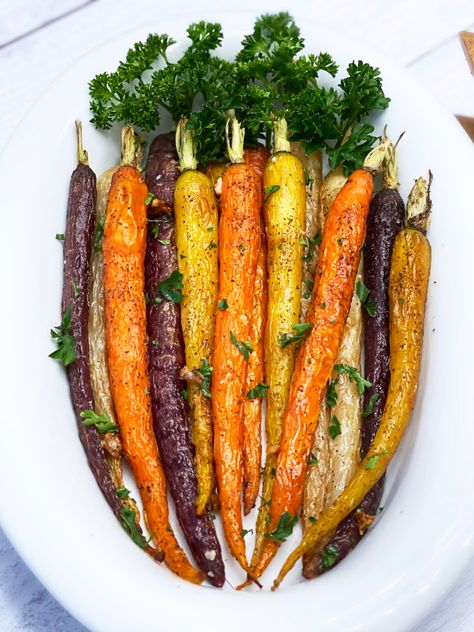 The Best Roasted Rainbow Carrots With Garlic - Alena's Home Cooking Roasted Multi Colored Carrots, Multicolored Carrots Recipes, Roasted Tri Color Carrots, Rainbow Carrots Roasted, Rainbow Carrot Recipes, Colored Carrots, Carrots In Oven, Dream Fridge, Purple Carrots