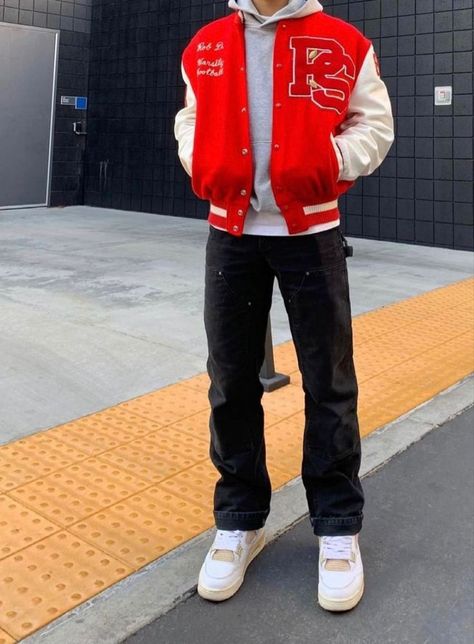 Dunks Fit, Red Jacket Outfit, Baseball Jacket Outfit, Varsity Jacket Outfit, Jordan Fits, Spiritual Fashion, Red Streetwear, Black Men Street Fashion, Men Street Fashion