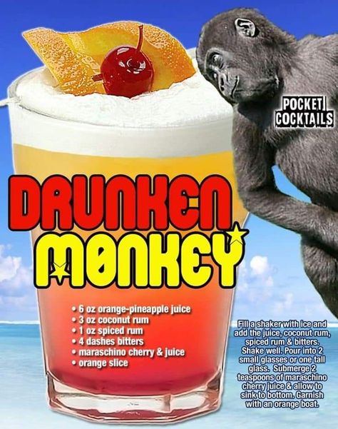 Drunken Monkey, Pocket Cocktails, Bartender Drinks, Cocktail Drinks Alcoholic, Monkey Wallpaper, Mixed Drinks Alcohol, Yummy Alcoholic Drinks, Liquor Drinks, Boozy Drinks