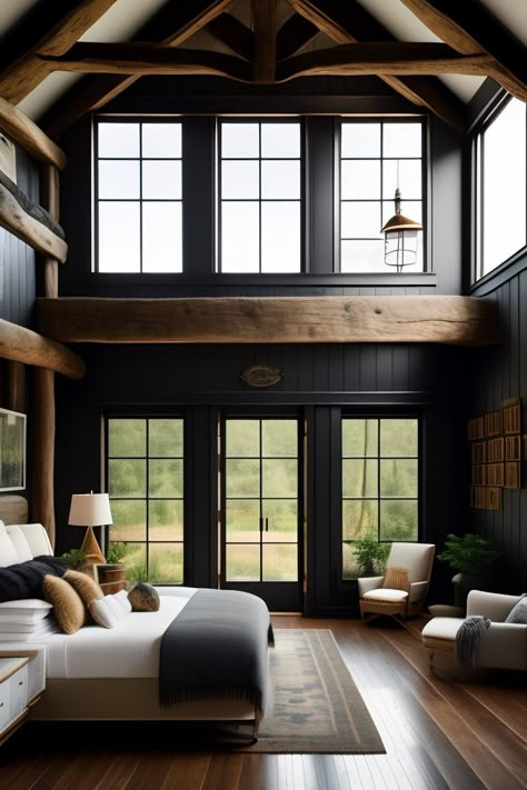 Chalet Windows Interior Design, Contemporary Mountain Home Interiors Kitchen, House Interior Black And Wood, Black And Rustic Bedroom, Dark Cozy Minimalist Home, Artificial Fireplace Ideas, Industrial Lake House Decor, Industrial Farmhouse Ideas, Farmhouse Black Living Room