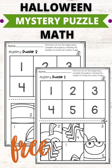 Two free Halloween Math Mystery Puzzles (Numbers 1-6) for Preschoolers Halloween Number Sense Activities, Halloween Math Prek, Halloween Math For Kindergarten, Halloween Name Activities Preschool Free, Halloween Math Craft Kindergarten, Fall Number Puzzles 1-10 Free Printable, Halloween Special Education Activities, Preschool Halloween Activities And Games, Puzzle Crafts For Kids