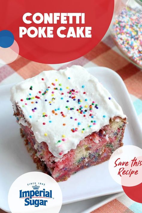 Looking for a crowd-pleasing dessert for your Fourth of July celebration? Look no further! This colorful and delicious Confetti Poke Cake recipe is sure to impress. With its moist and fluffy texture, vibrant sprinkles, and strawberry gelatin-infused layers, it's a true delight for the taste buds. Top it off with a generous layer of homemade vanilla whipped cream and a sprinkle of extra sprinkles for that extra touch of sweetness. make this cake the star of your party! Confetti Poke Cake, Holiday Themed Cakes, Strawberry Gelatin, Poke Cake Recipe, Fourth Of July Celebration, Holiday Lunch, Poke Cake Recipes, Vanilla Whipped Cream, Poke Cakes