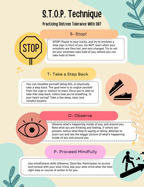 Practice the STOP technique of DBT using this helpful tool for STOP skills. Work through grounding in a difficult situation or a crisis. Distress Tolerance Activities, Dbt Skills Worksheets, Dbt Therapy, Counseling Worksheets, Distress Tolerance, Healthy Coping Skills, Border Line, Dbt Skills, Mental Health Activities