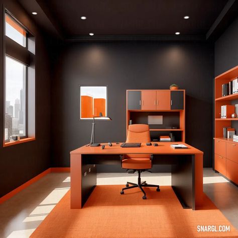 Room with a desk and a chair and a book shelf and a window with a city view in the background. Colors, Outrageous Orange. Sensuous home furniture. Follow us and visit our site for more amazing content! #shelf #kitchen #texture #ideas #idea #pinterest #rustic #funny #book #desk #decor #lighting #digitalart #graphic #modern Kitchen Texture, Orange Office, Texture Ideas, Shelf Kitchen, A Desk, Book Shelf, A Chair, City View, Decor Lighting