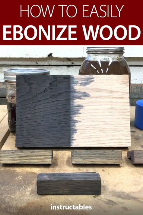 crowhollowwoodworks shows how to easily ebonize wood and explains about the chemical reaction that occurs when you apply the iron acetate to wood to create a beautiful and durable black finish, a similar look to ebony. #Instructables #workshop #woodworking #woodshop #craftsman Diy Black Wood Stain, Black Varnish Wood, Ebonizing Wood Diy, How To Stain Wood Black, Black Wash Furniture Diy Wood, Wood Staining Techniques Diy, Wood Finishes Ideas, Black Wood Decor, Ebonizing Wood