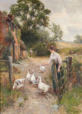 Tending the Geese ~ Ernest Walbourn ~ (English: 1872-1927) Ernest Charles Walbourn, Traditional Lifestyle, Cottage Painting, Victorian Paintings, Cottage Art, Classic Paintings, Paintings I Love, Victorian Art, Old Paintings