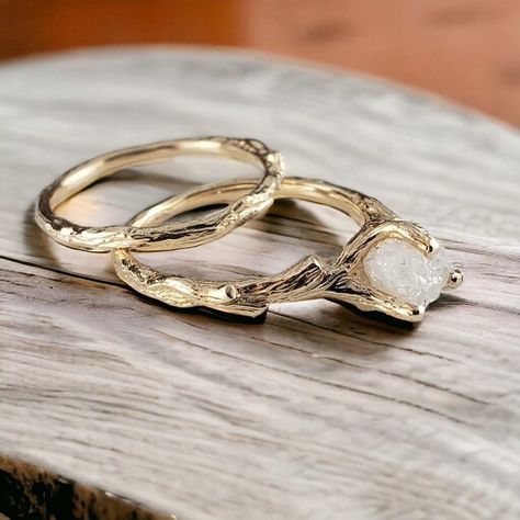 Rough Diamond Twig Engagement Bridal Set in Solid Yellow Gold - DV Jewelry Designs